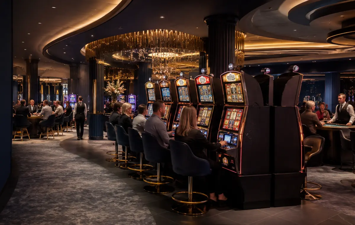 Fysieke speelautomaten in een ruime casinozaal