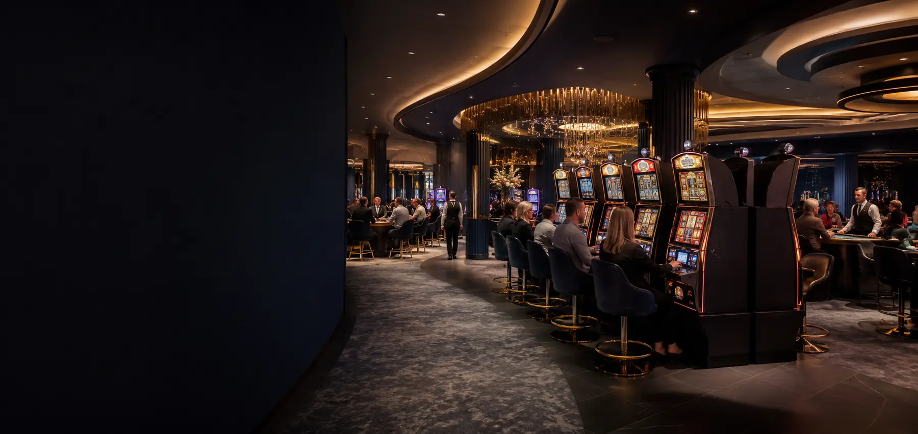 Luxe fysieke casinozaal met speelautomaten en speeltafels