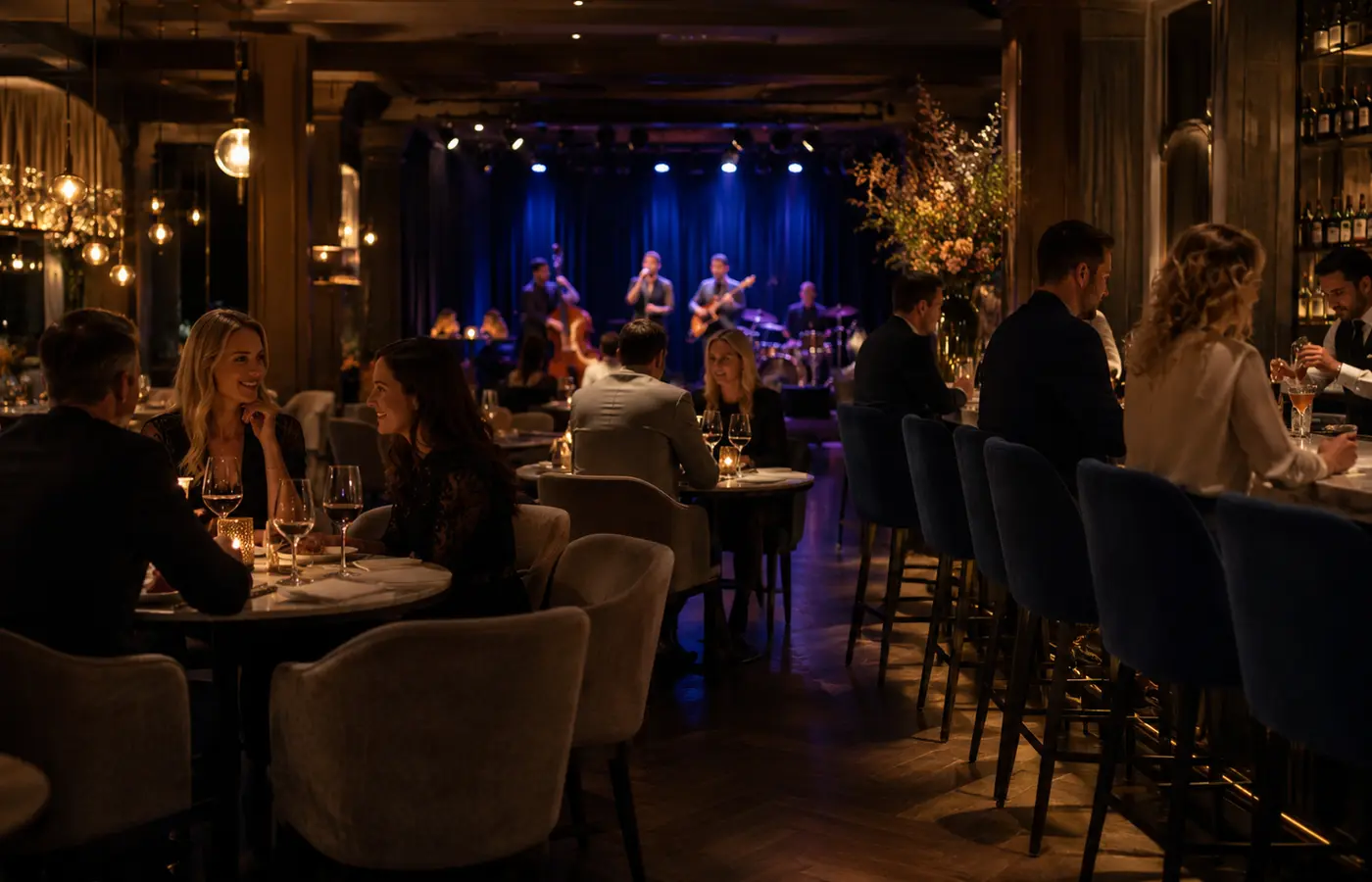 Restaurant, bar en podium in een fysieke entertainmentlocatie