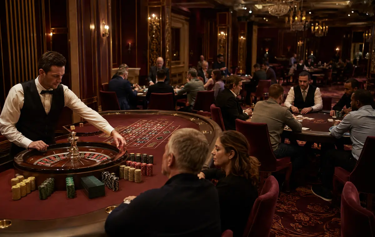 Sfeerbeeld bij aan tafel met croupier, fiches en echte spelers